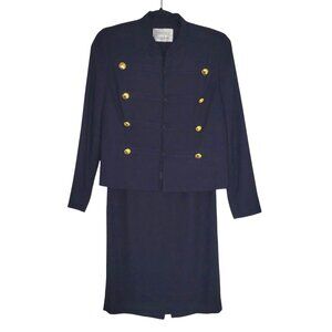 Constance Saunders Women Dress Suit Size 6 Navy Blue Gold Buttons Lined